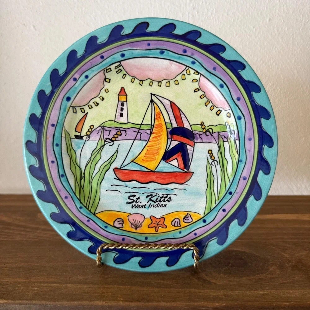 Vintage St Kitts West Indies Hand Painted‎ Plate Sailboat Coastal Decor